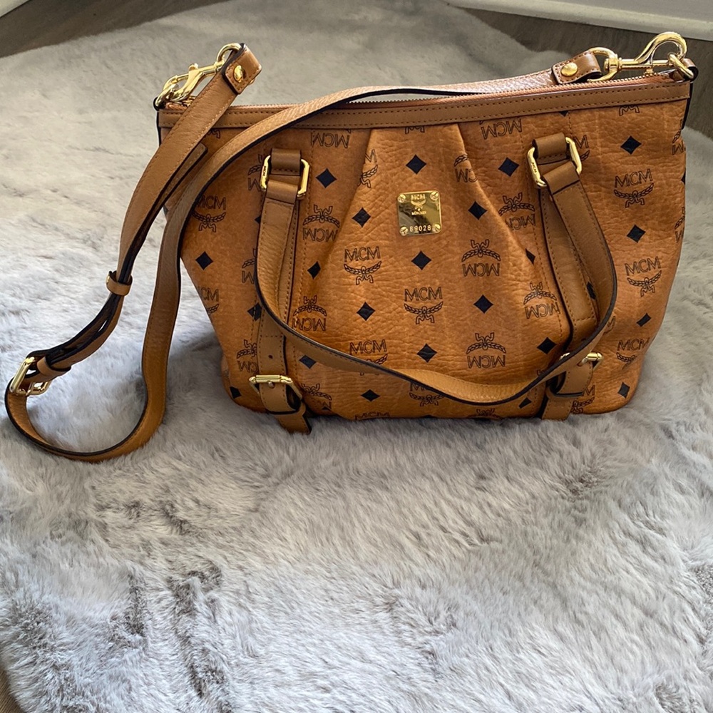 MCM Brown Visetos Leather Satchel Bag w/crossbody strap